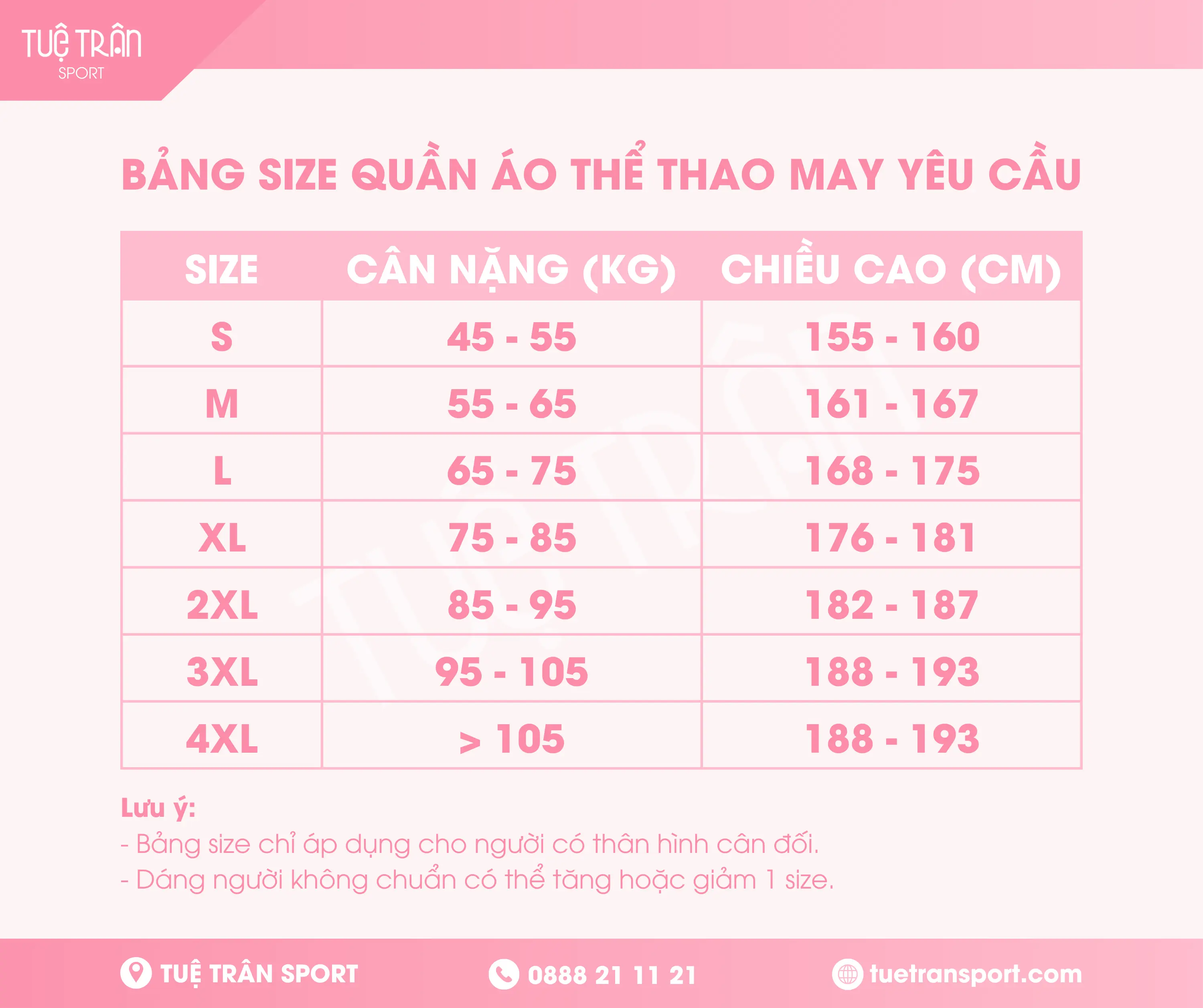 BẢNG SIZE QUẦN ÁO THỂ THAO MAY YÊU CẦU